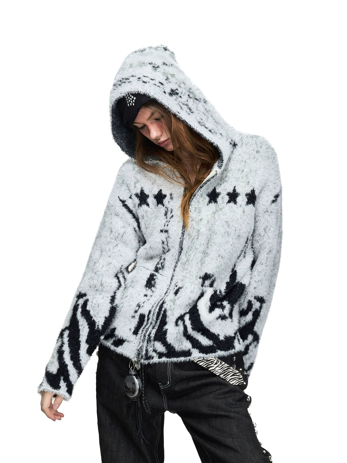 PEOPLESENSE Faux Mink Tiger Stripe Hooded Zip Cardigan - front hood down