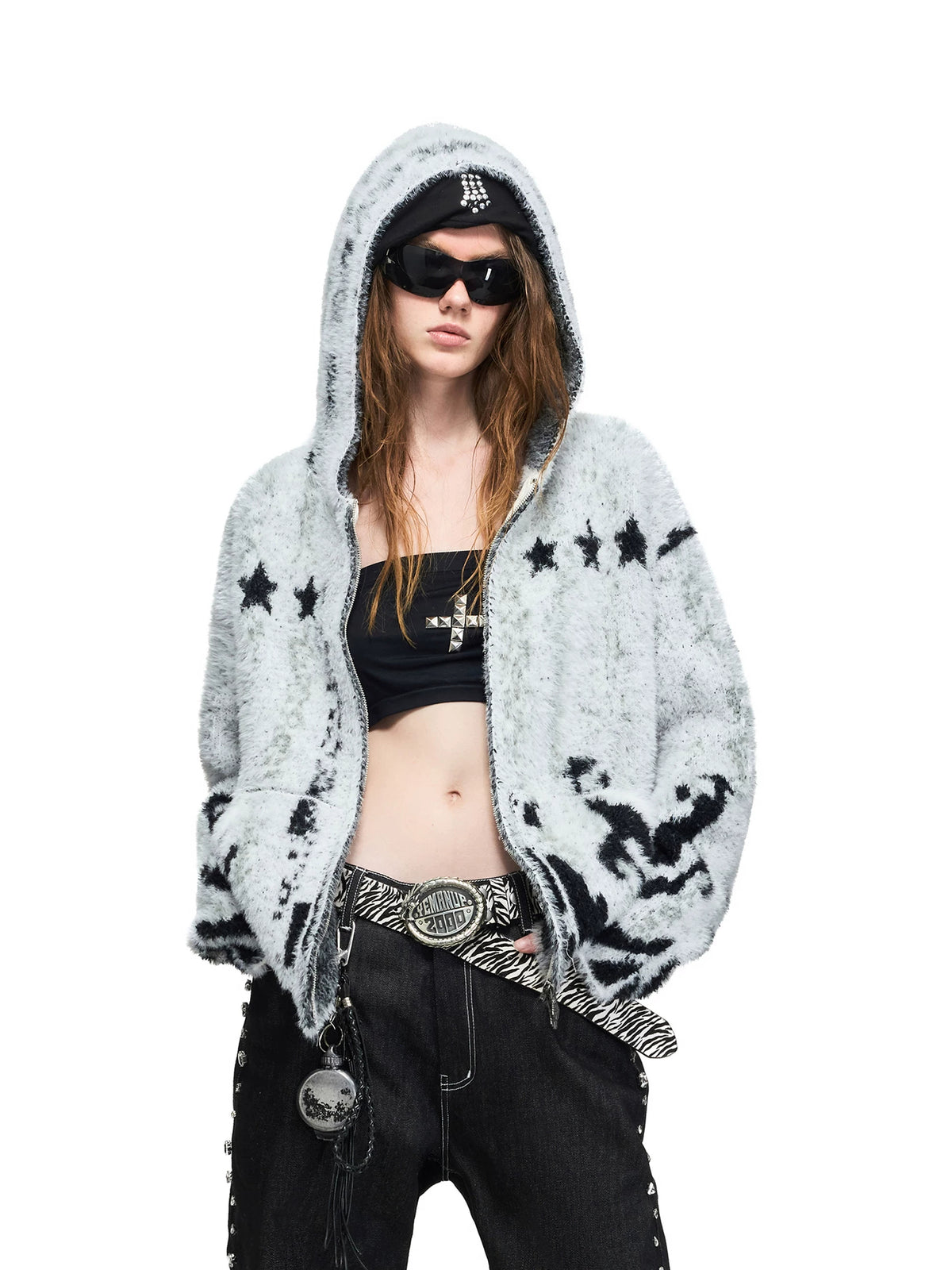 PEOPLESENSE Faux Mink Tiger Stripe Hooded Zip Cardigan - front styled