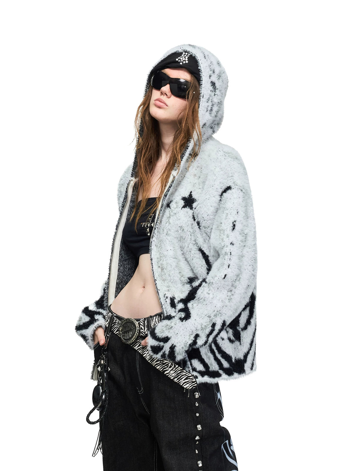 PEOPLESENSE Faux Mink Tiger Stripe Hooded Zip Cardigan - side pose
