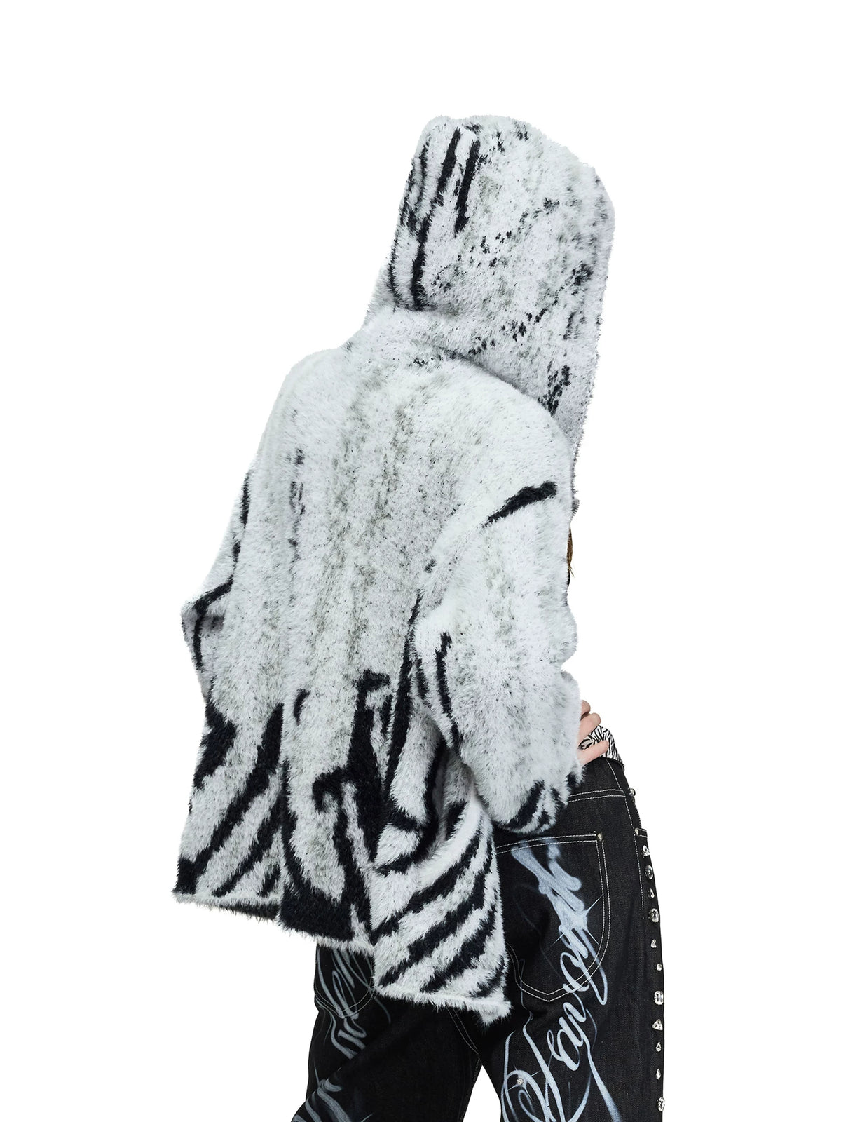 PEOPLESENSE Faux Mink Tiger Stripe Hooded Zip Cardigan - back view