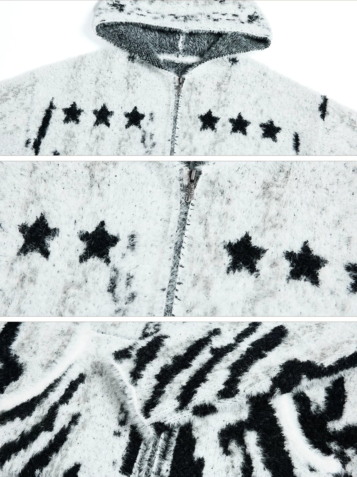 PEOPLESENSE Faux Mink Tiger Stripe Hooded Zip Cardigan - fabric and star detail