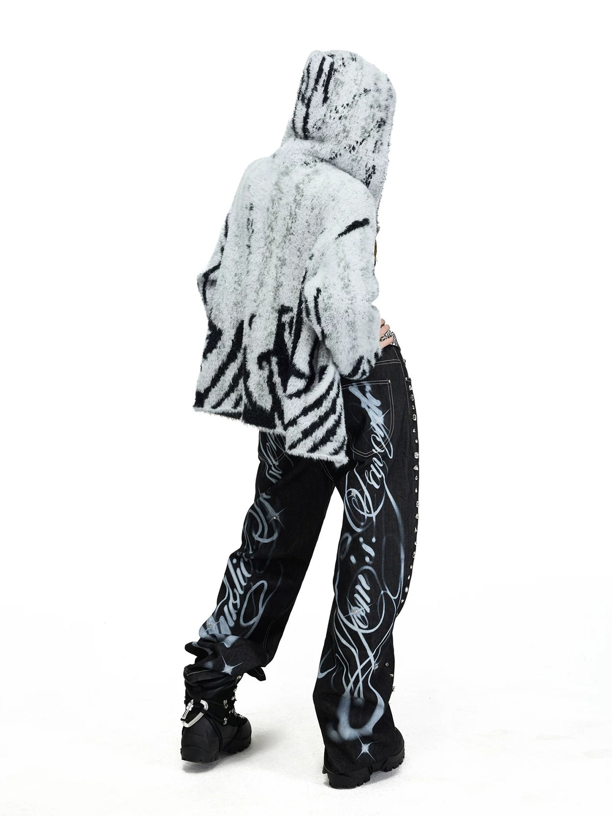 PEOPLESENSE Faux Mink Tiger Stripe Hooded Zip Cardigan - back and tiger stripe pattern