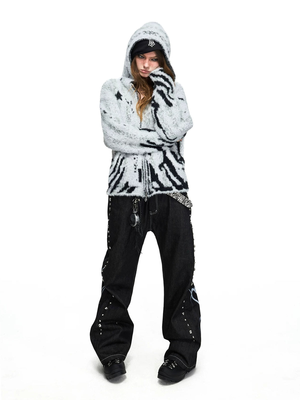 PEOPLESENSE Faux Mink Tiger Stripe Hooded Zip Cardigan - hooded look