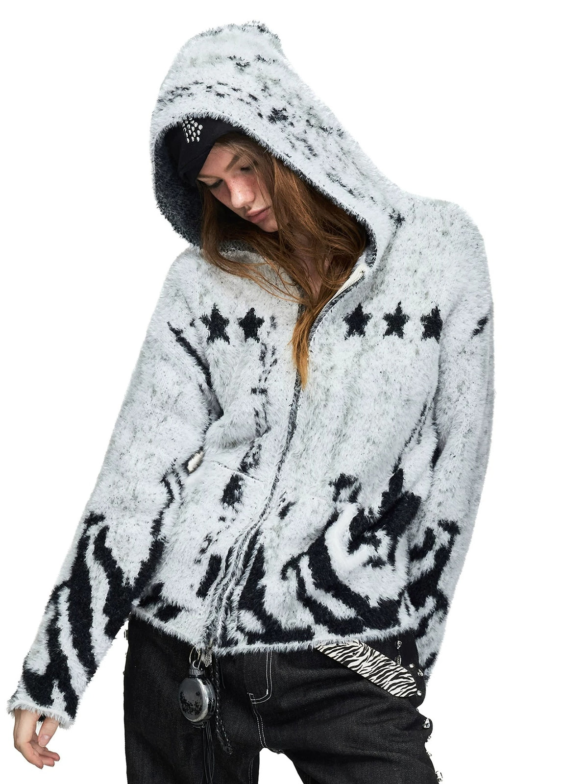 PEOPLESENSE Faux Mink Tiger Stripe Hooded Zip Cardigan - star detail close-up