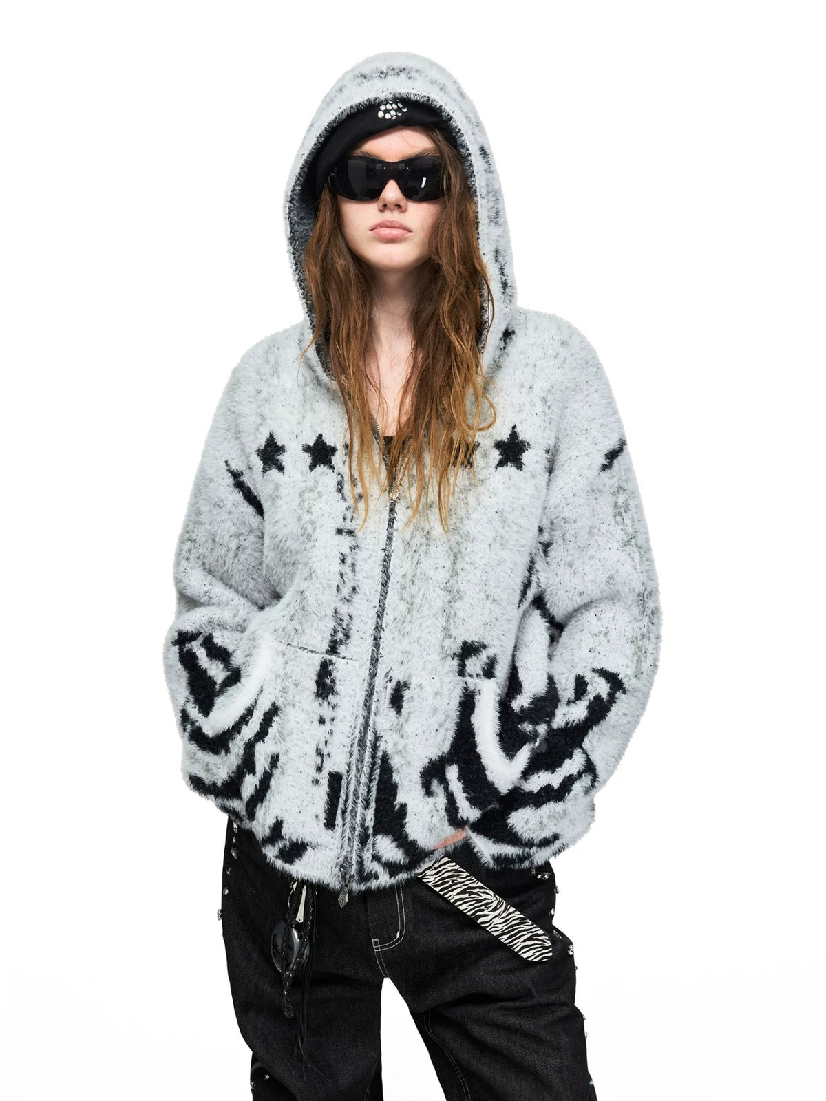 PEOPLESENSE Faux Mink Tiger Stripe Hooded Zip Cardigan - front hands in pockets