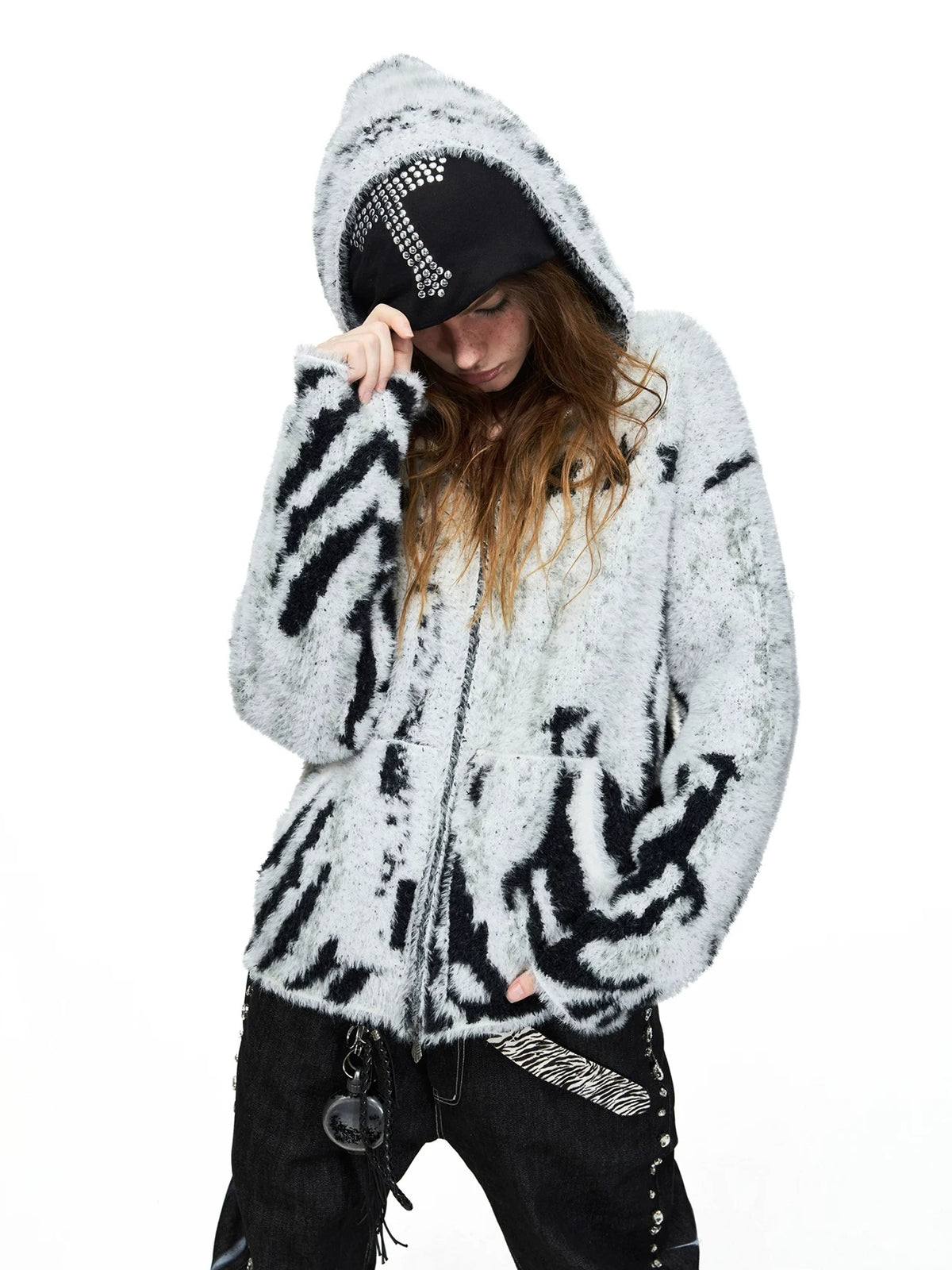 PEOPLESENSE Faux Mink Tiger Stripe Hooded Zip Cardigan - hood and zipper