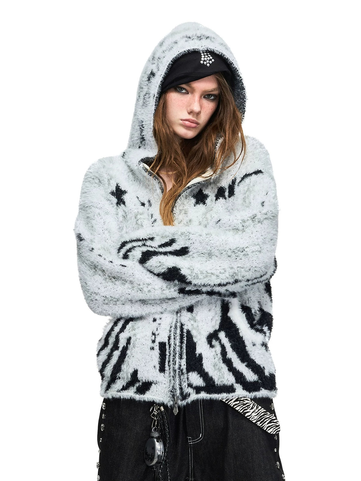 PEOPLESENSE Faux Mink Tiger Stripe Hooded Zip Cardigan - hood front portrait