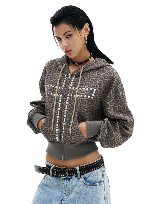 Leopard Studded Cross Cropped Zip-Up Hoodie - Khaki Leopard front
