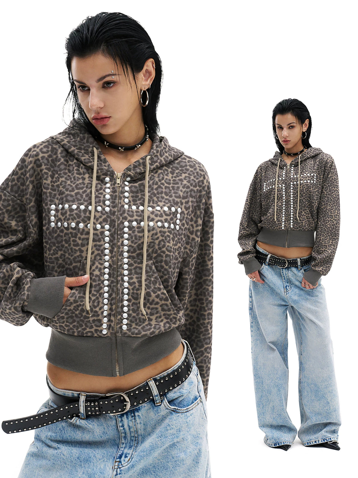 Leopard Studded Cross Cropped Zip-Up Hoodie - Khaki Leopard model views