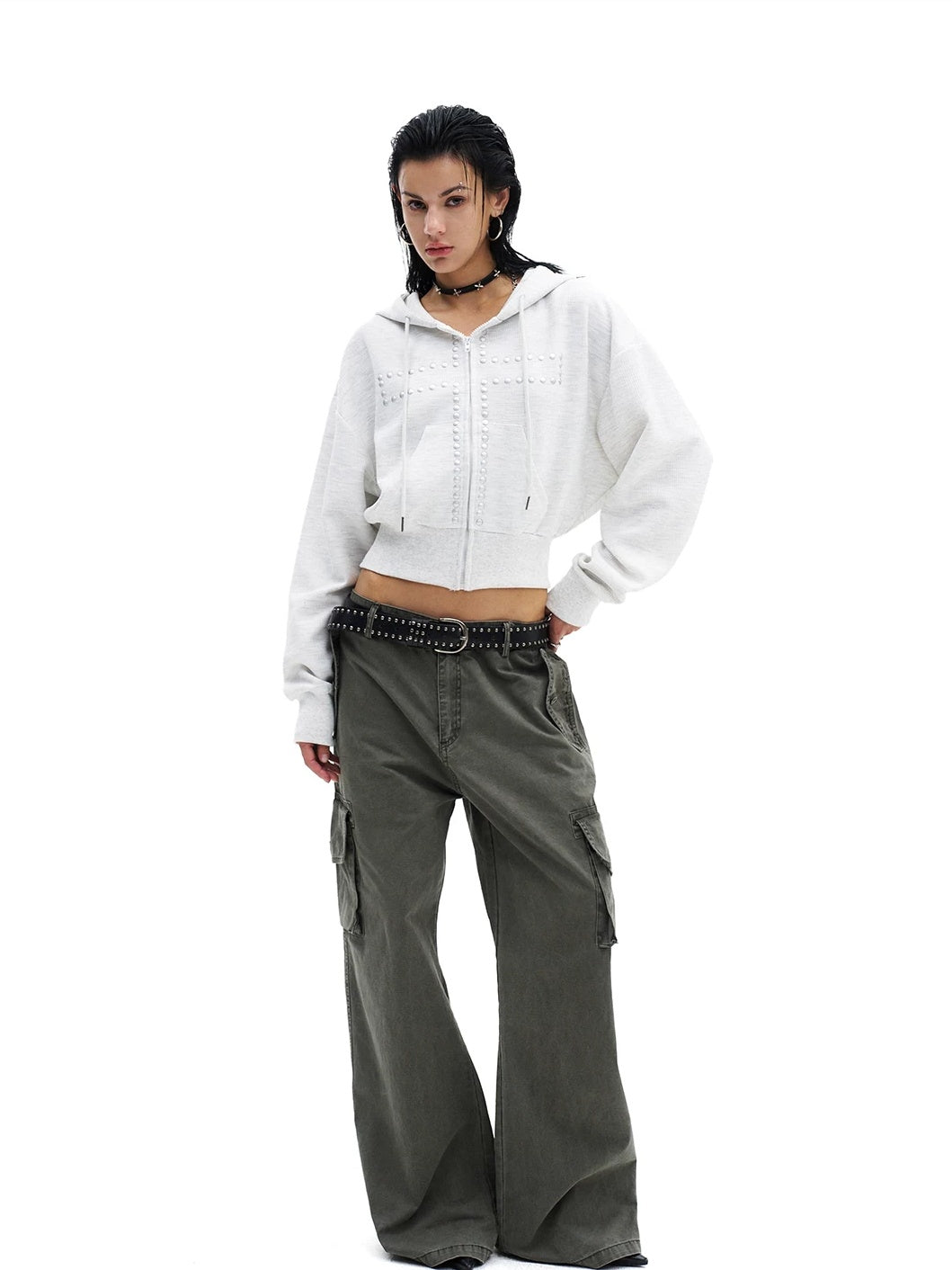 Leopard Studded Cross Cropped Zip-Up Hoodie - Heather Gray full outfit