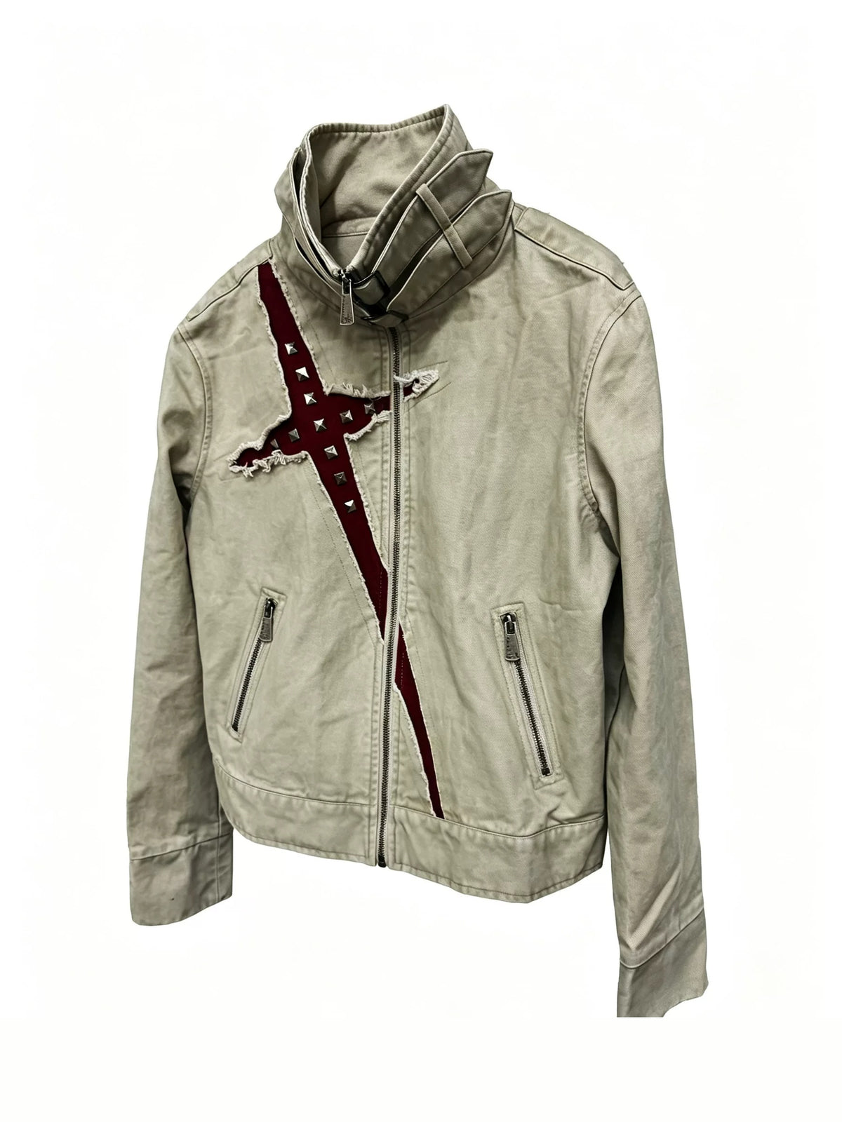 APRIORITY Studded Cross Cut-Out Buckle Collar Jacket - Greige front
