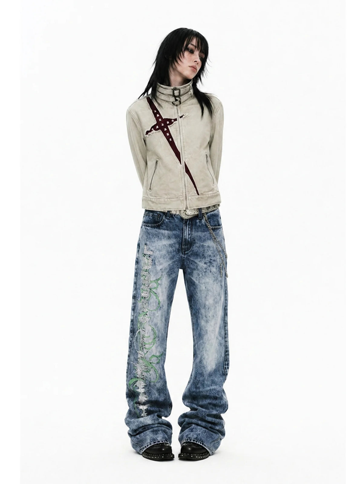 APRIORITY Studded Cross Cut-Out Buckle Collar Jacket - Greige front on model