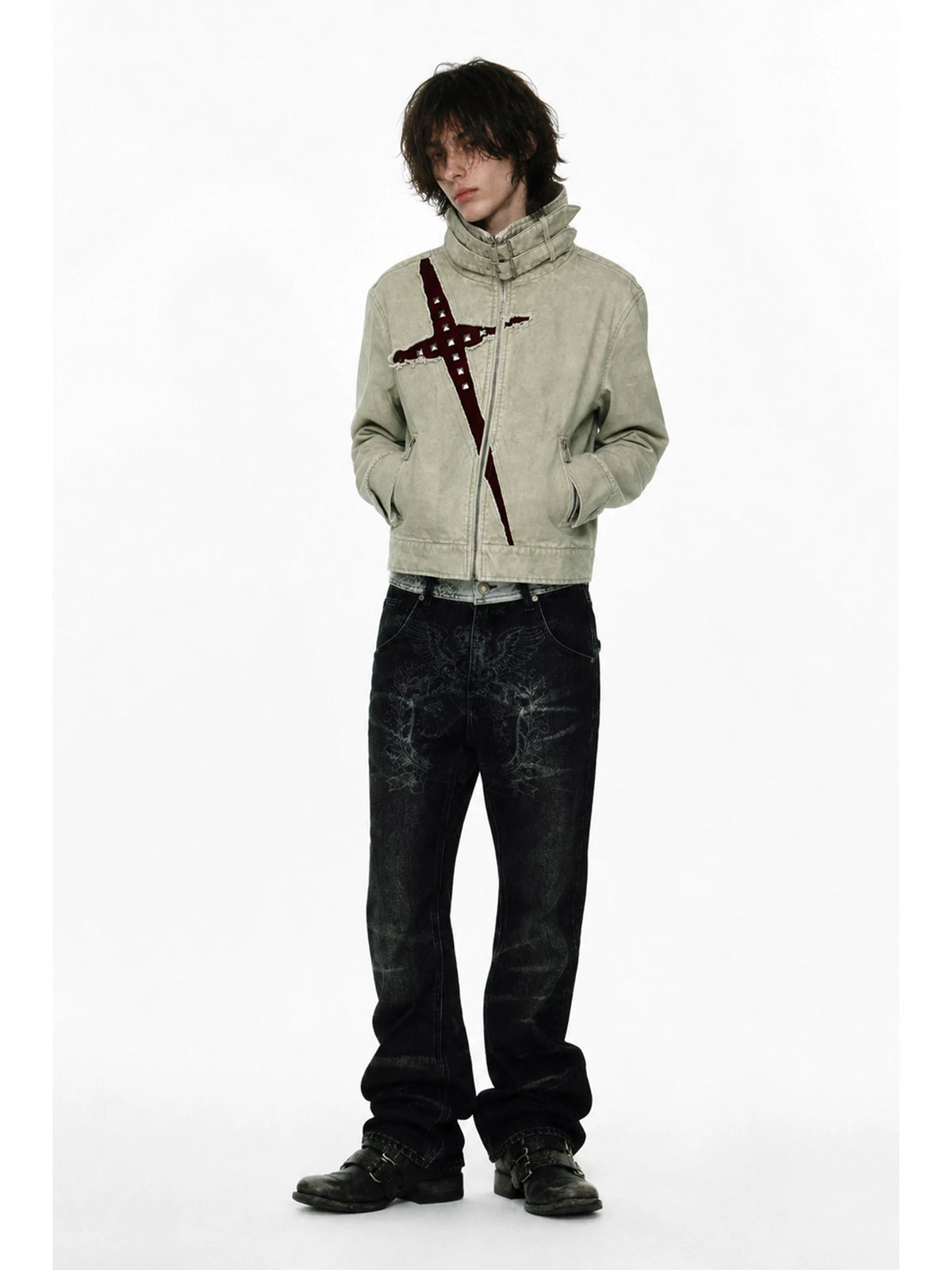 APRIORITY Studded Cross Cut-Out Buckle Collar Jacket - Greige front on model