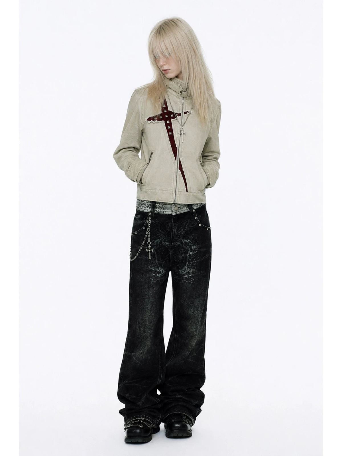 APRIORITY Studded Cross Cut-Out Buckle Collar Jacket - Greige front on model