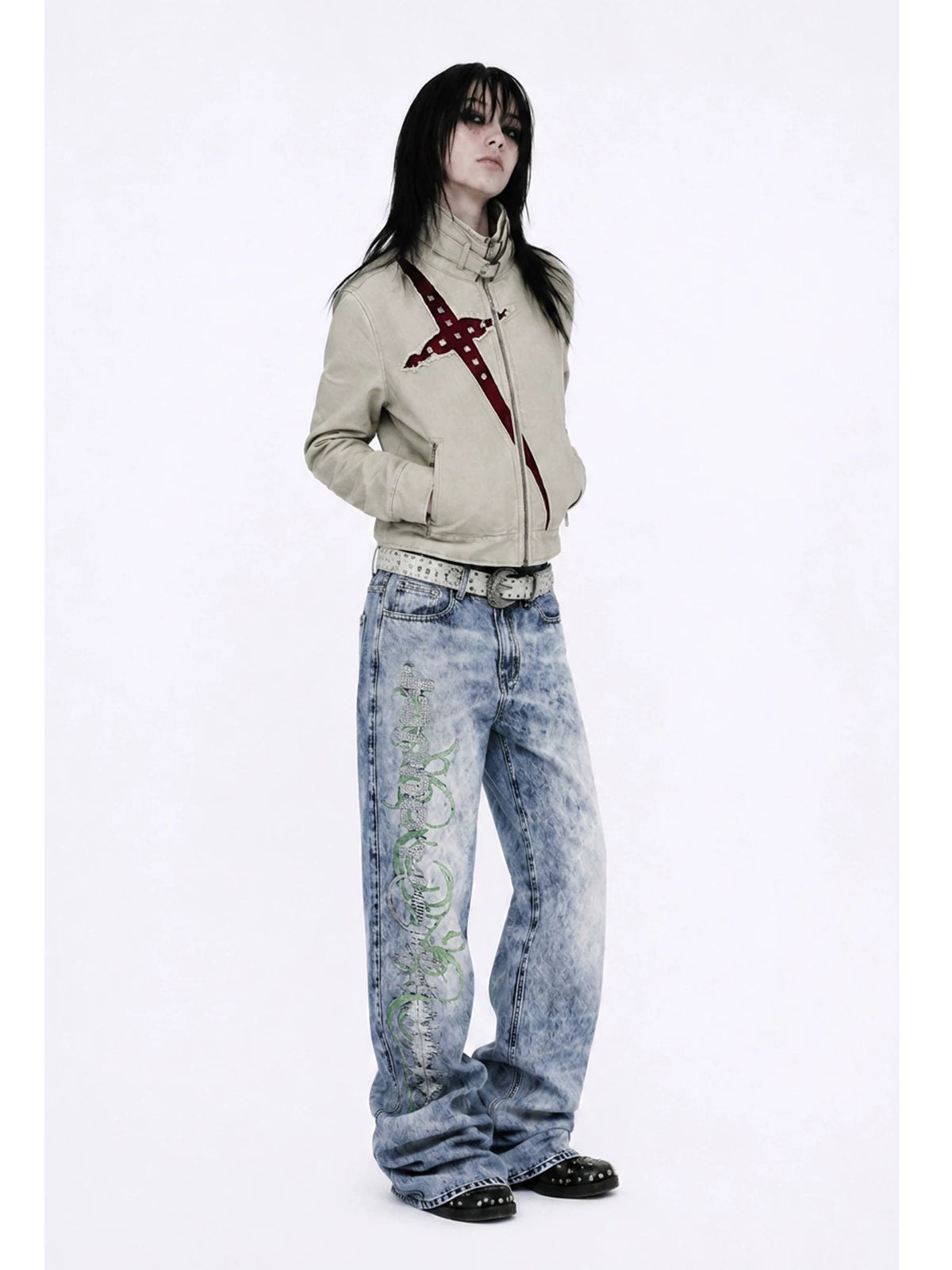 APRIORITY Studded Cross Cut-Out Buckle Collar Jacket - Greige 3/4 front on model
