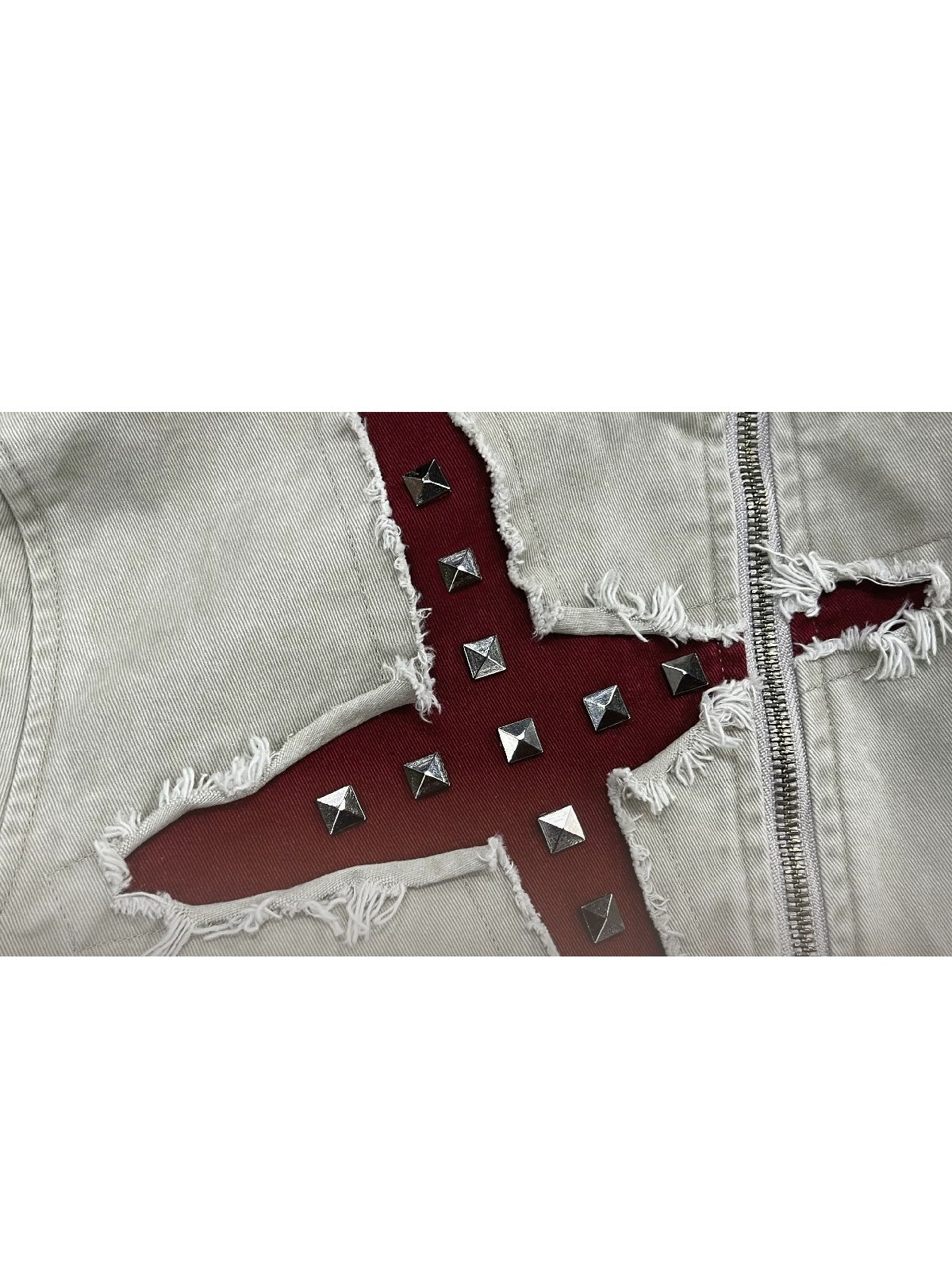 APRIORITY Studded Cross Cut-Out Buckle Collar Jacket - Greige studded cross panel detail