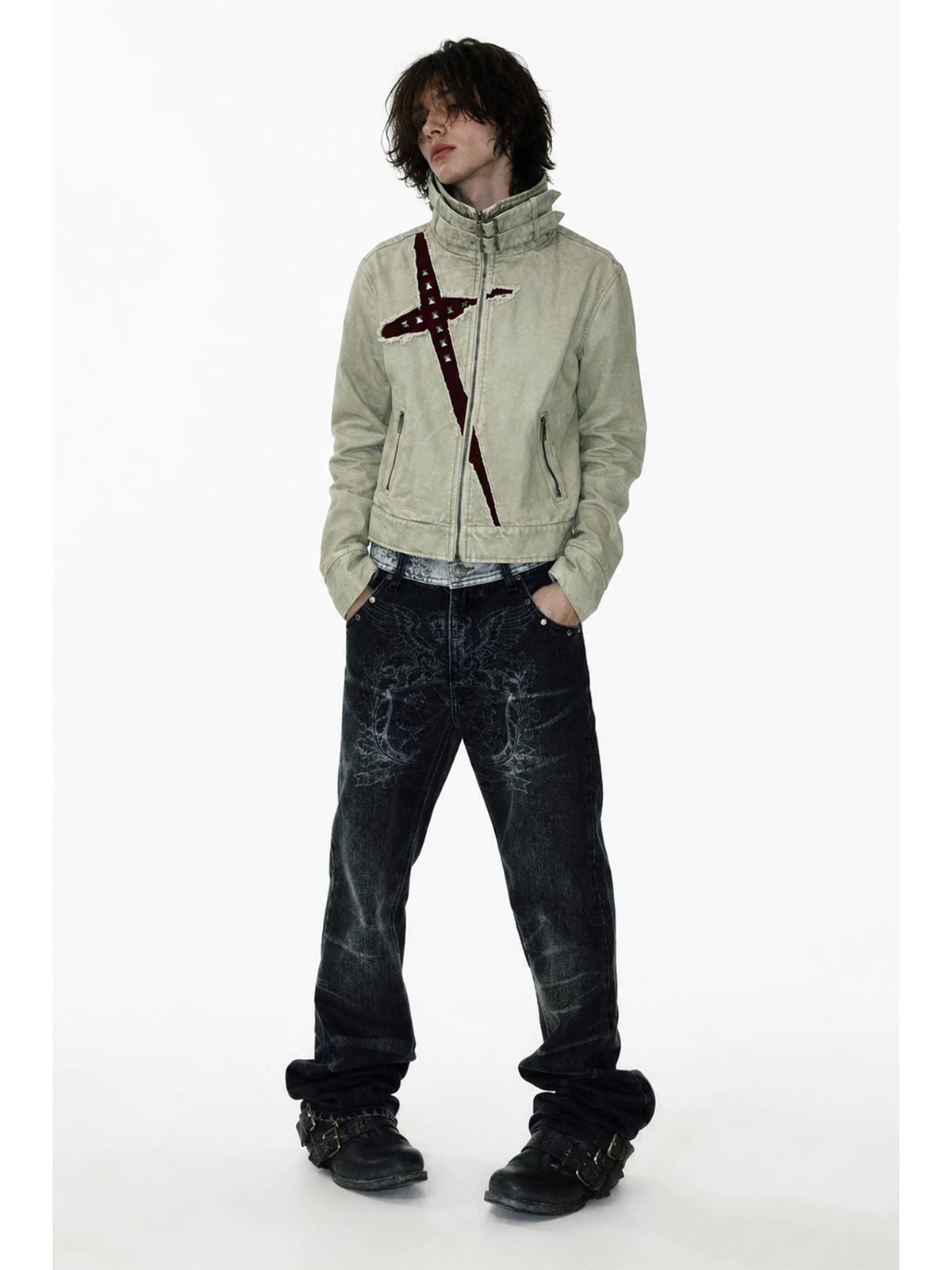 APRIORITY Studded Cross Cut-Out Buckle Collar Jacket - Greige front on model