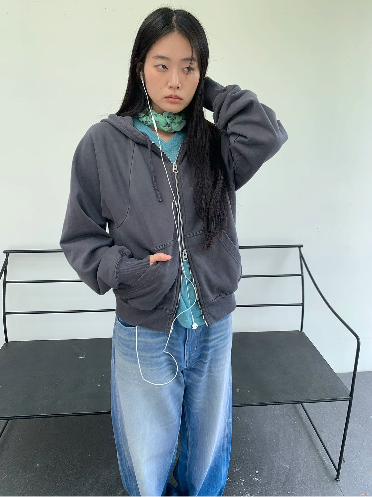 Simple Project Washed Overdyed Raglan Zip-Up Hoodie - Washed Gray styled look