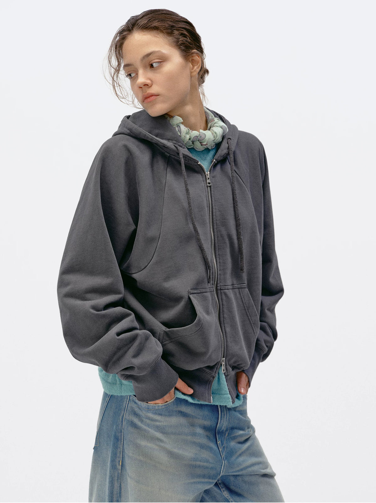 Simple Project Washed Overdyed Raglan Zip-Up Hoodie - Washed Gray on model
