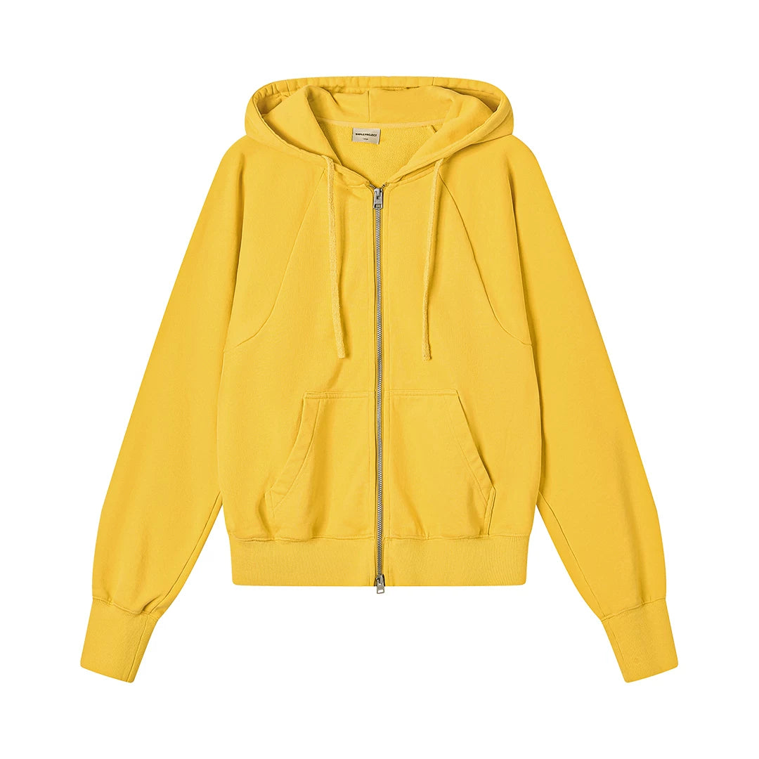 Simple Project Washed Overdyed Raglan Zip-Up Hoodie - Washed Yellow flat lay
