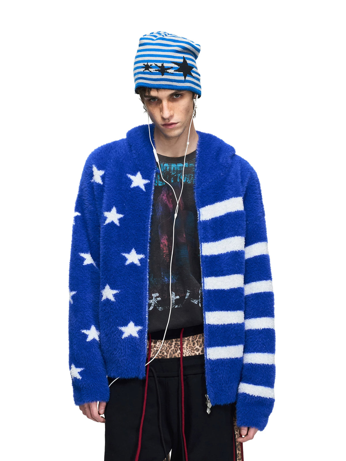 PEOPLESENSE Star Stripe Faux Mink Hooded Cardigan - front