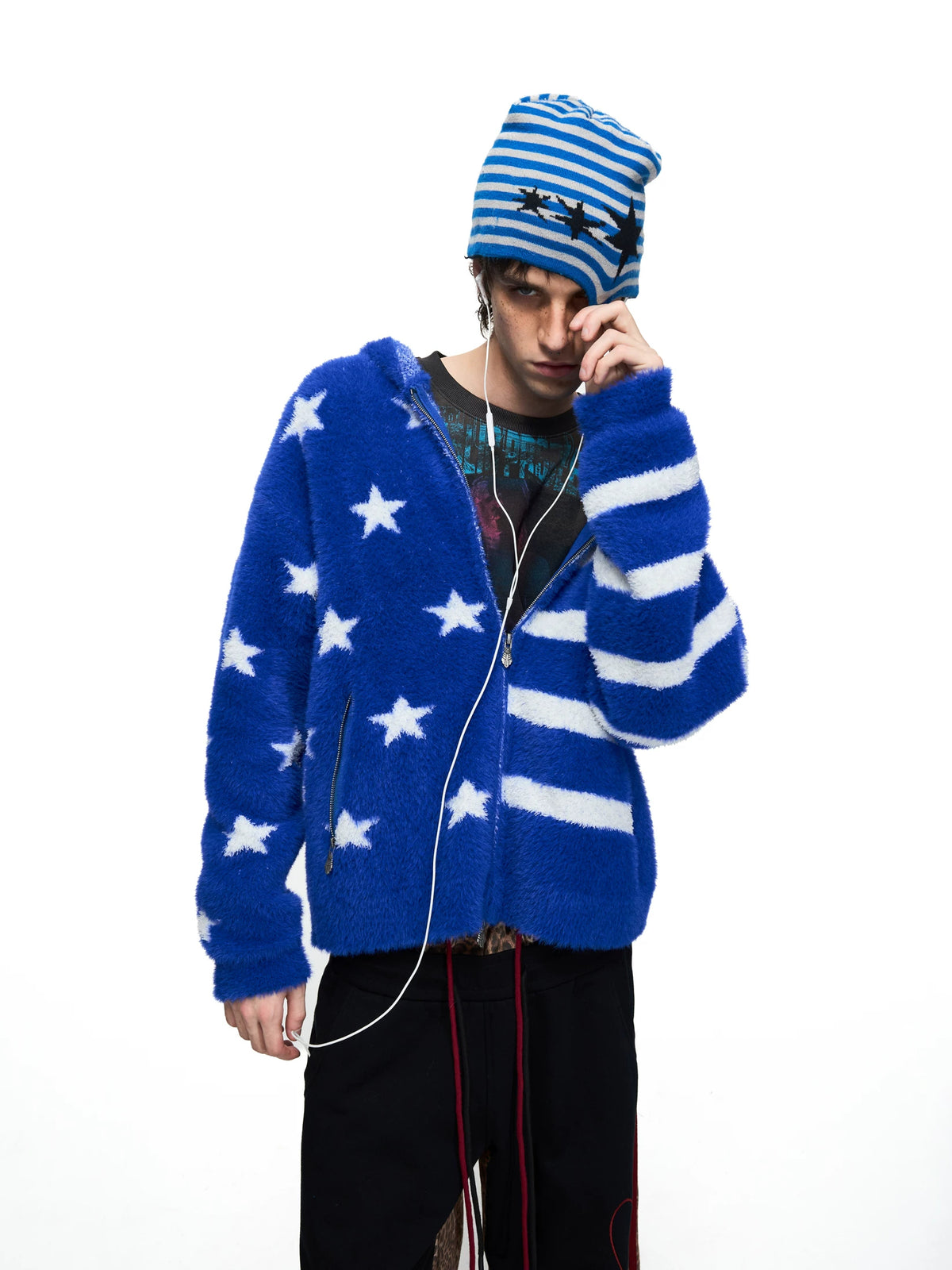 PEOPLESENSE Star Stripe Faux Mink Hooded Cardigan - model front