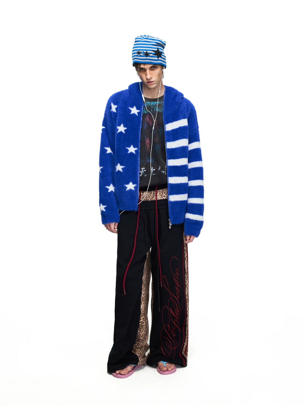 PEOPLESENSE Star Stripe Faux Mink Hooded Cardigan - model side