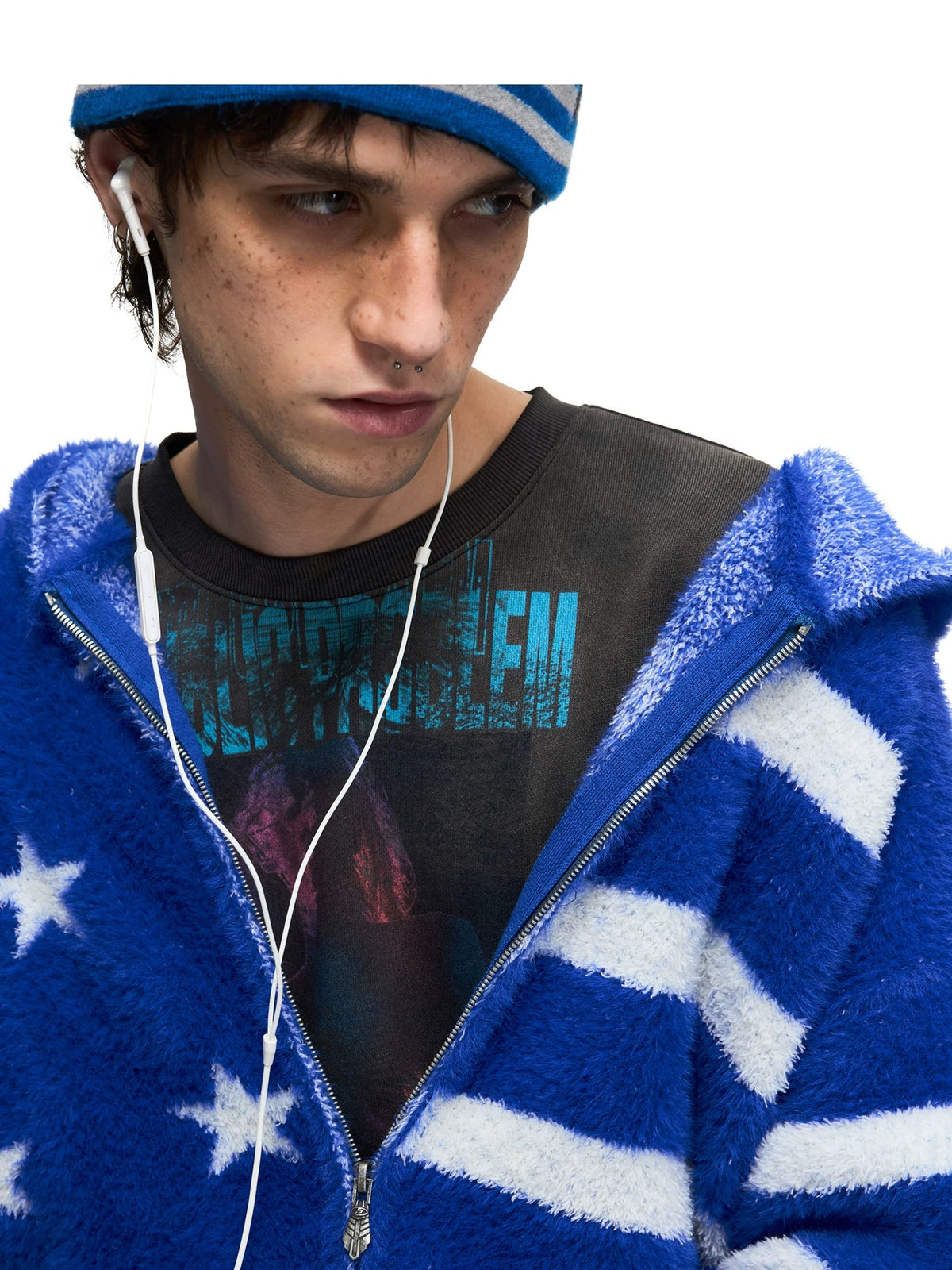 PEOPLESENSE Star Stripe Faux Mink Hooded Cardigan - close-up open zip