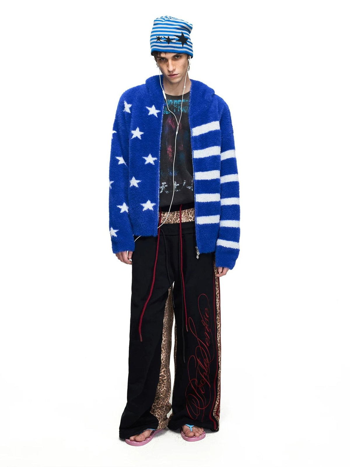 PEOPLESENSE Star Stripe Faux Mink Hooded Cardigan - styled look 1