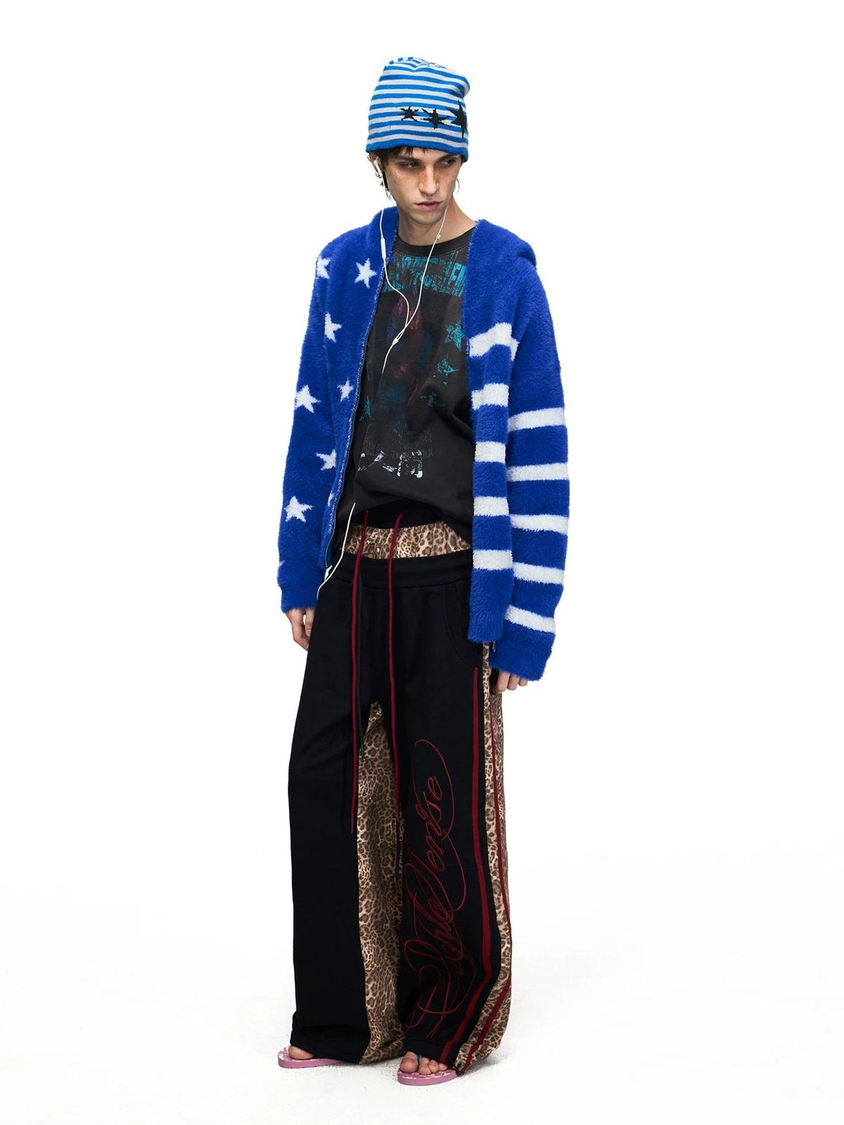 PEOPLESENSE Star Stripe Faux Mink Hooded Cardigan - styled back look