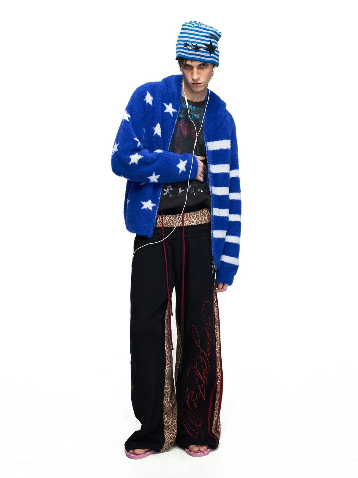 PEOPLESENSE Star Stripe Faux Mink Hooded Cardigan - styled look 3