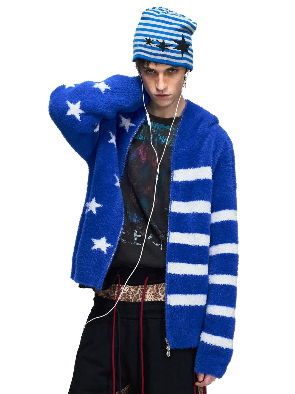 PEOPLESENSE Star Stripe Faux Mink Hooded Cardigan - styled look 4