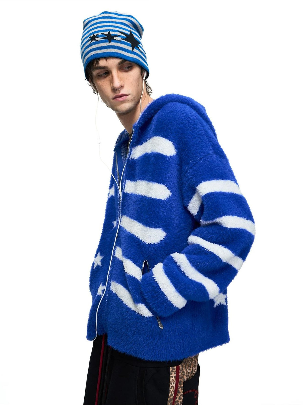 PEOPLESENSE Star Stripe Faux Mink Hooded Cardigan - styled side look