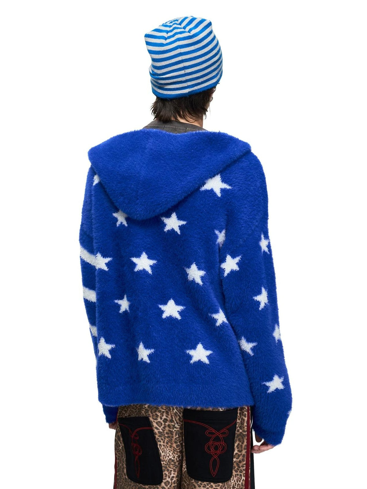 PEOPLESENSE Star Stripe Faux Mink Hooded Cardigan - styled back hood