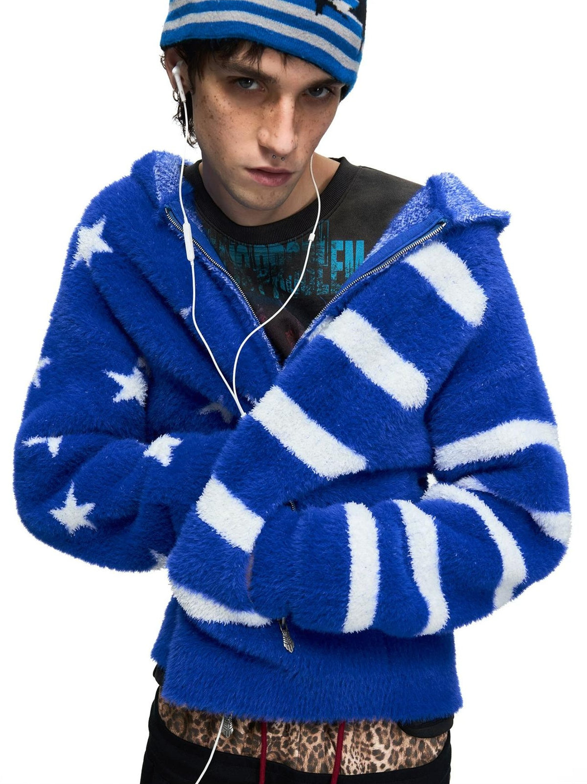 PEOPLESENSE Star Stripe Faux Mink Hooded Cardigan - zip detail close-up