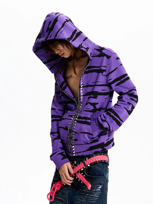 Purple Zebra Stripe Studded Zip-Up Hoodie - front, hood up
