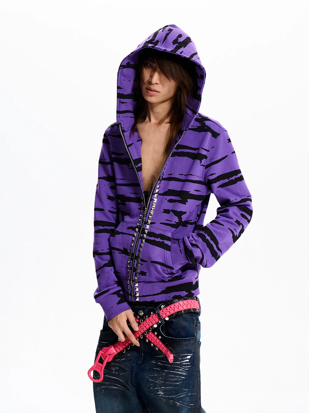 Purple Zebra Stripe Studded Zip-Up Hoodie - front, hands in pocket