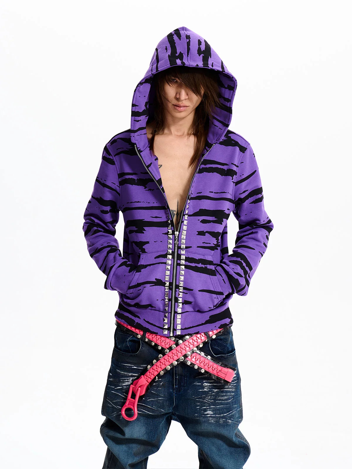 Purple Zebra Stripe Studded Zip-Up Hoodie - front, hood up close