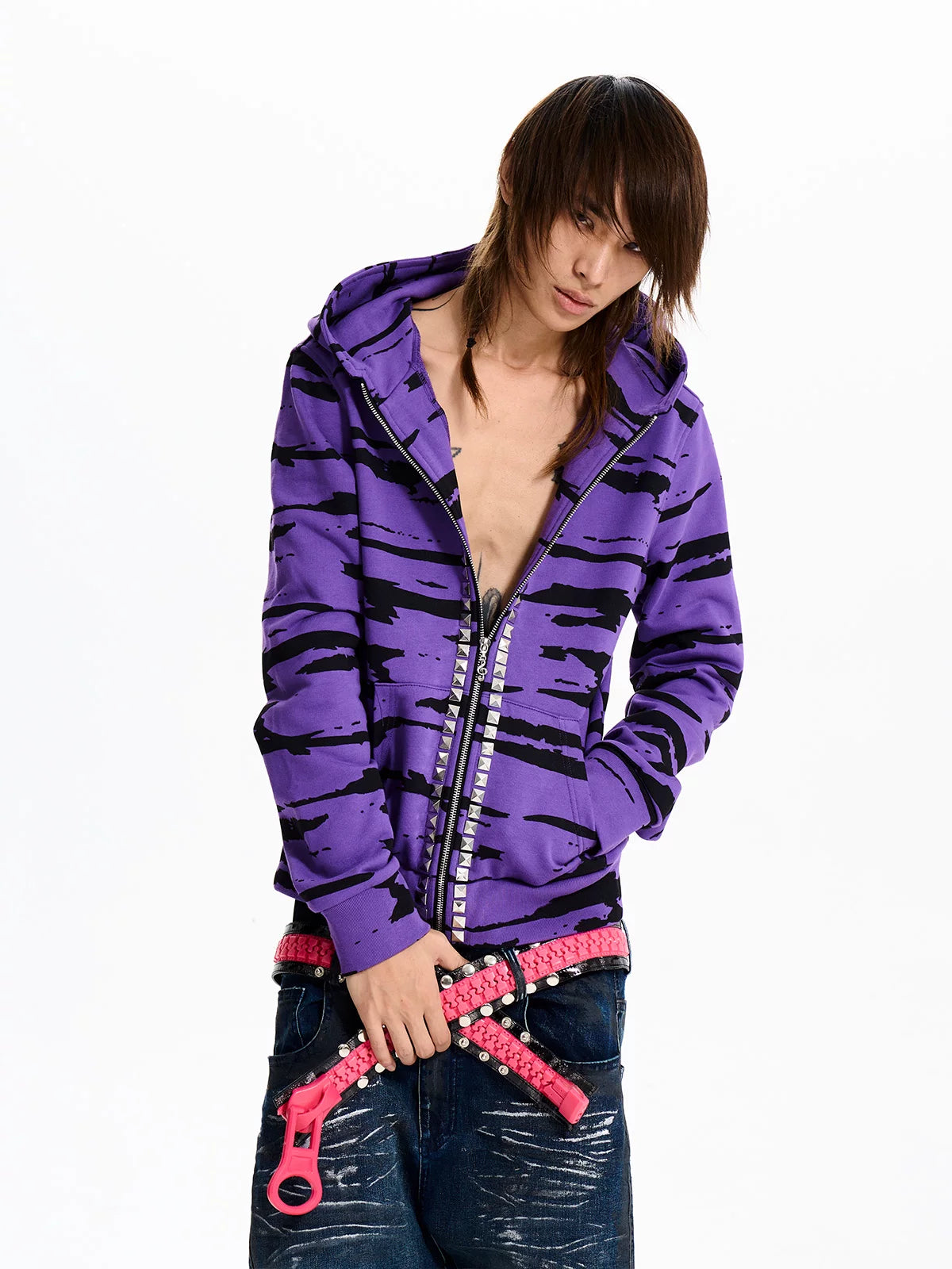 Purple Zebra Stripe Studded Zip-Up Hoodie - front, hood down