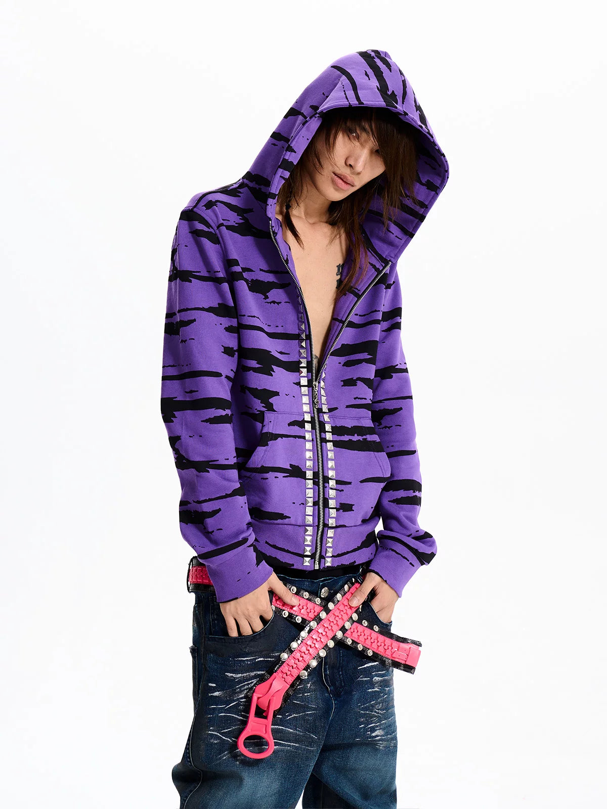 Purple Zebra Stripe Studded Zip-Up Hoodie - three-quarter view