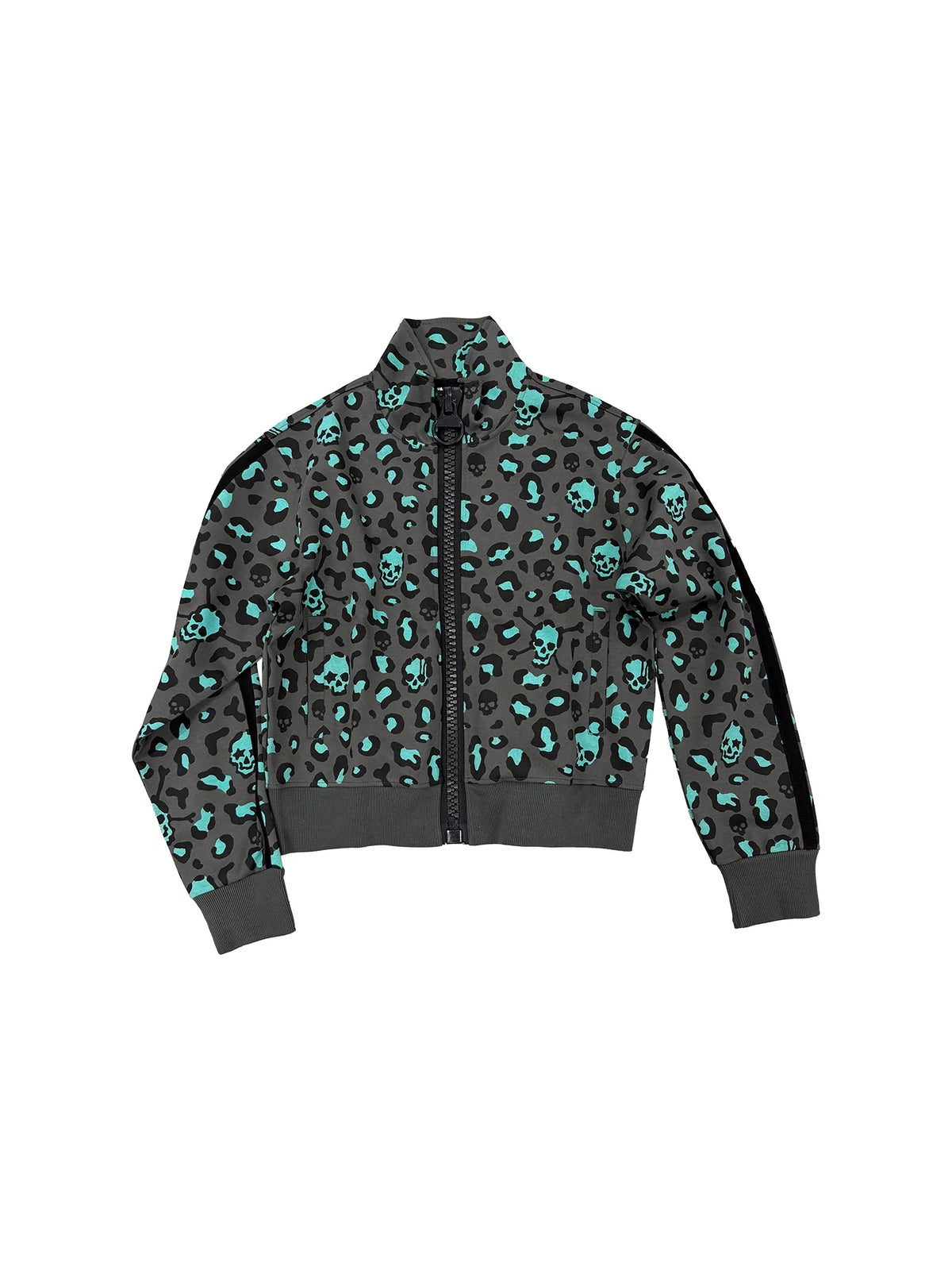 ColdAsia Skull Leopard Print Stand Collar Cropped Jacket - Dark Gray front
