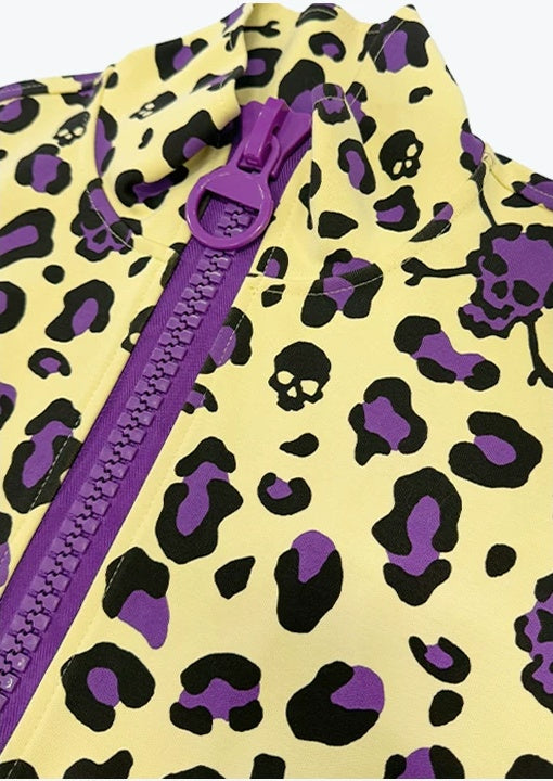ColdAsia Skull Leopard Print Stand Collar Cropped Jacket - Yellow collar and zipper detail