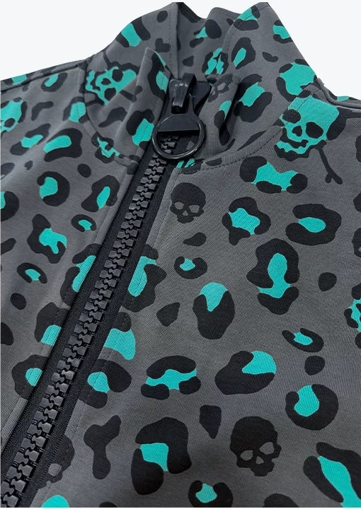 ColdAsia Skull Leopard Print Stand Collar Cropped Jacket - Dark Gray collar and zipper detail