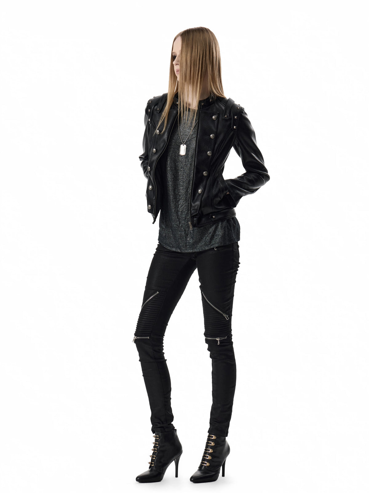 Studded Double-Breasted Napoleon Faux Leather Jacket - Black full-length front