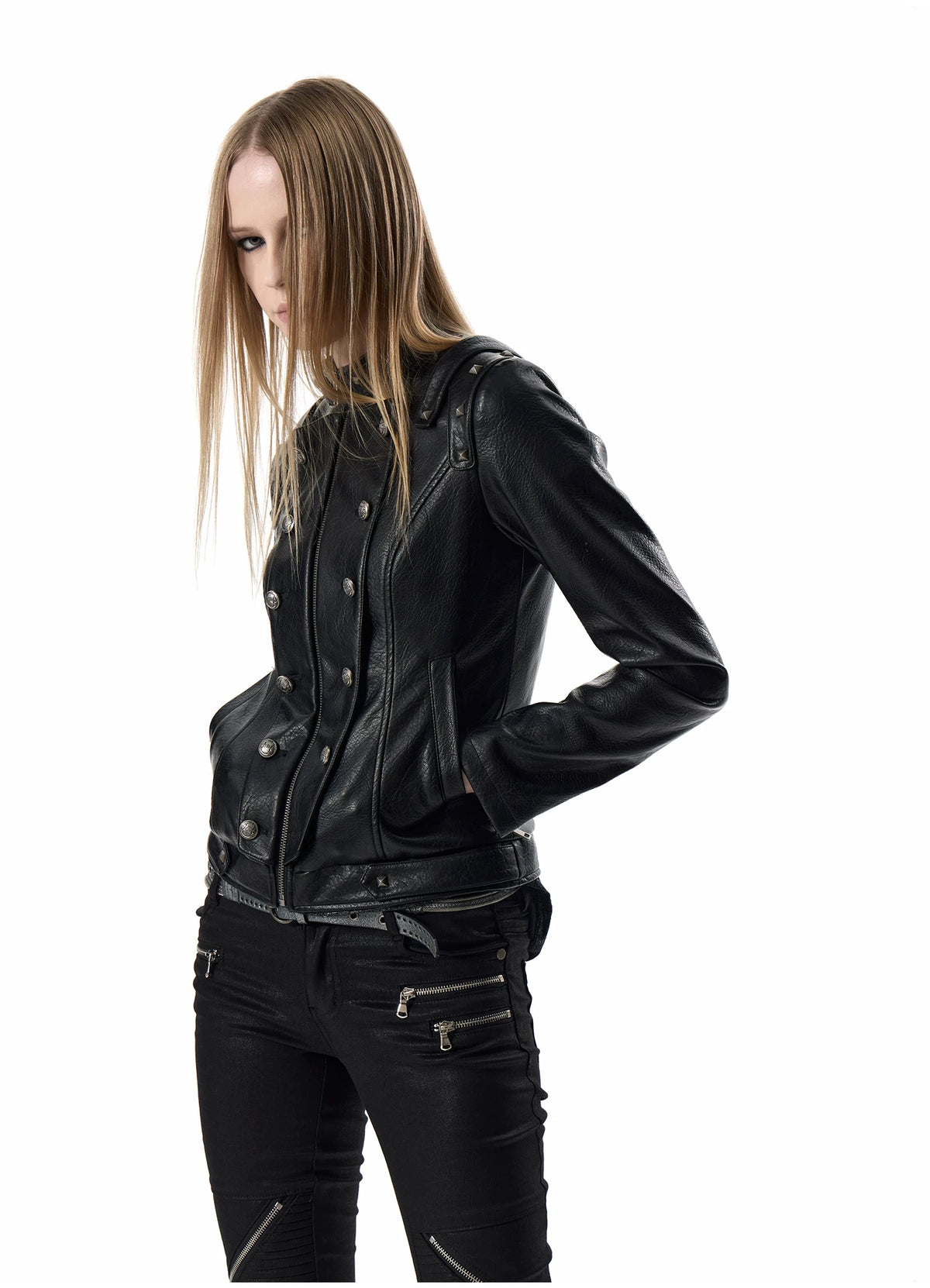 Studded Double-Breasted Napoleon Faux Leather Jacket - Black front detail hands in pockets