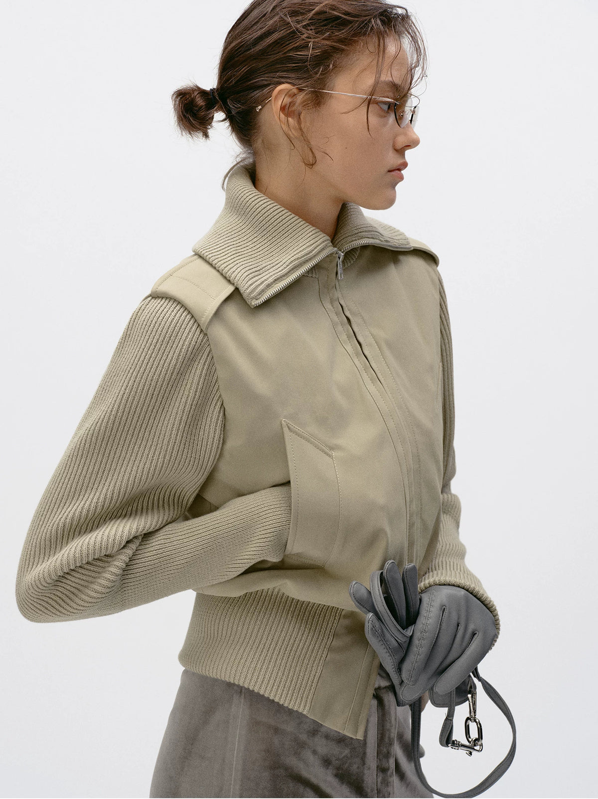 Knit Panel Padded Zip Jacket - Khaki Camel side detail