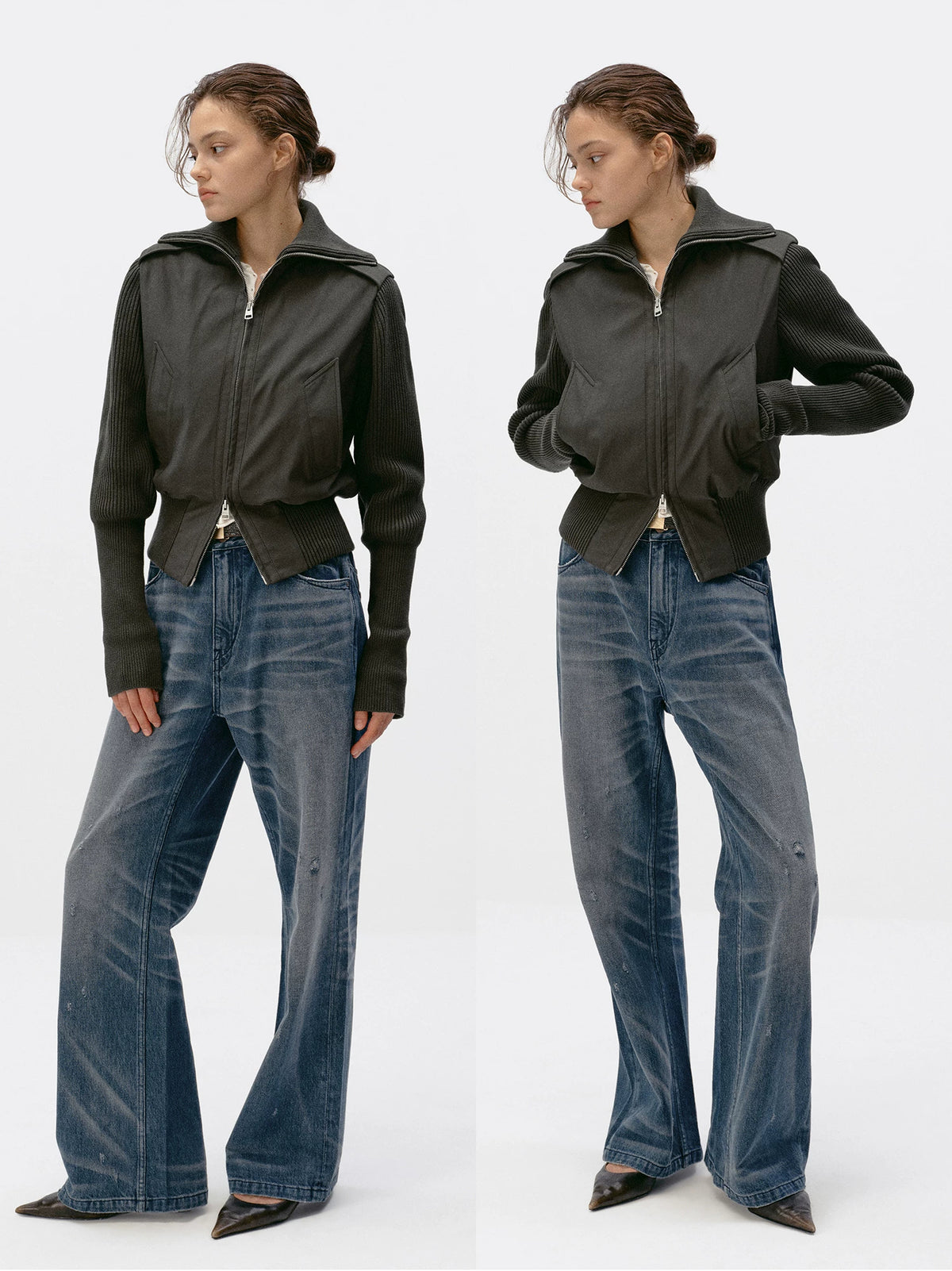 Knit Panel Padded Zip Jacket - Graphite Gray front