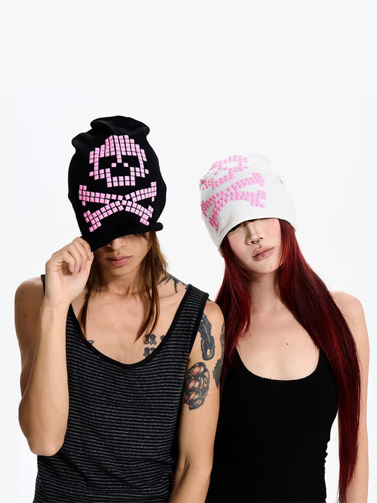 Fourth3ex Pixel Skull Studded Slouchy Beanie - Black and White duo