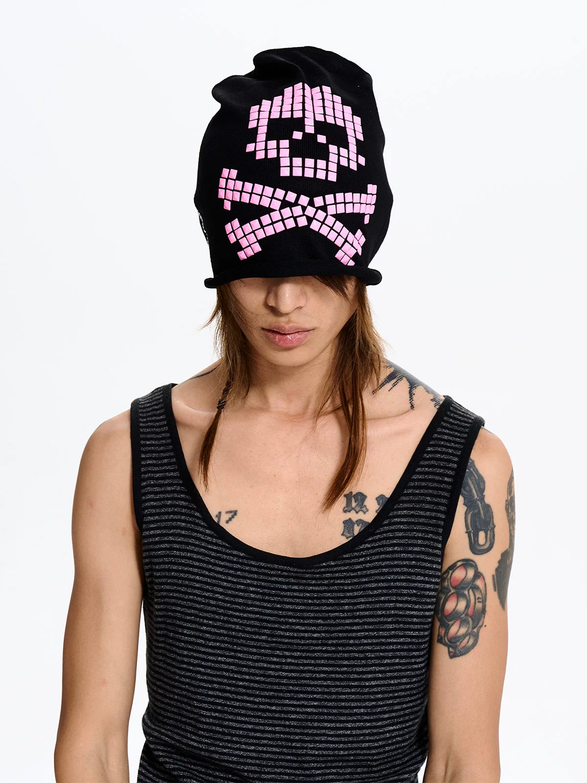 Fourth3ex Pixel Skull Studded Slouchy Beanie - Black front
