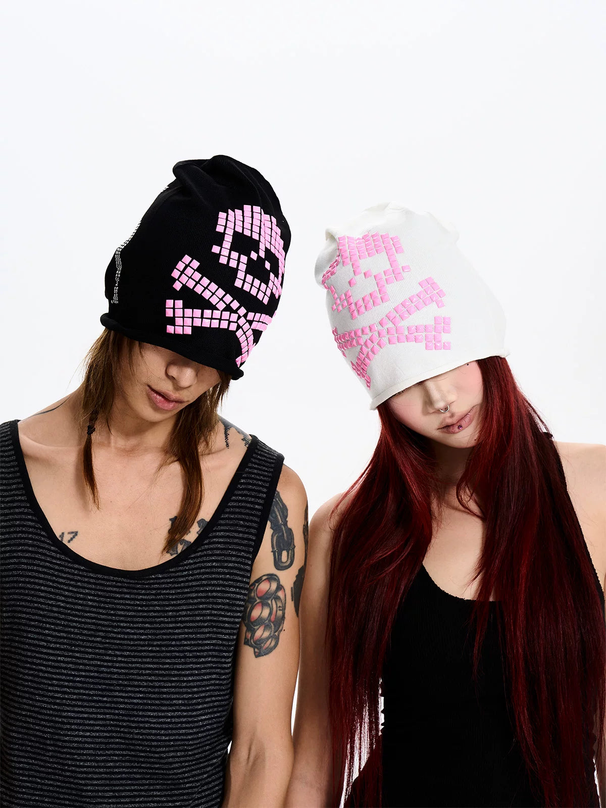 Fourth3ex Pixel Skull Studded Slouchy Beanie - Black and White side view